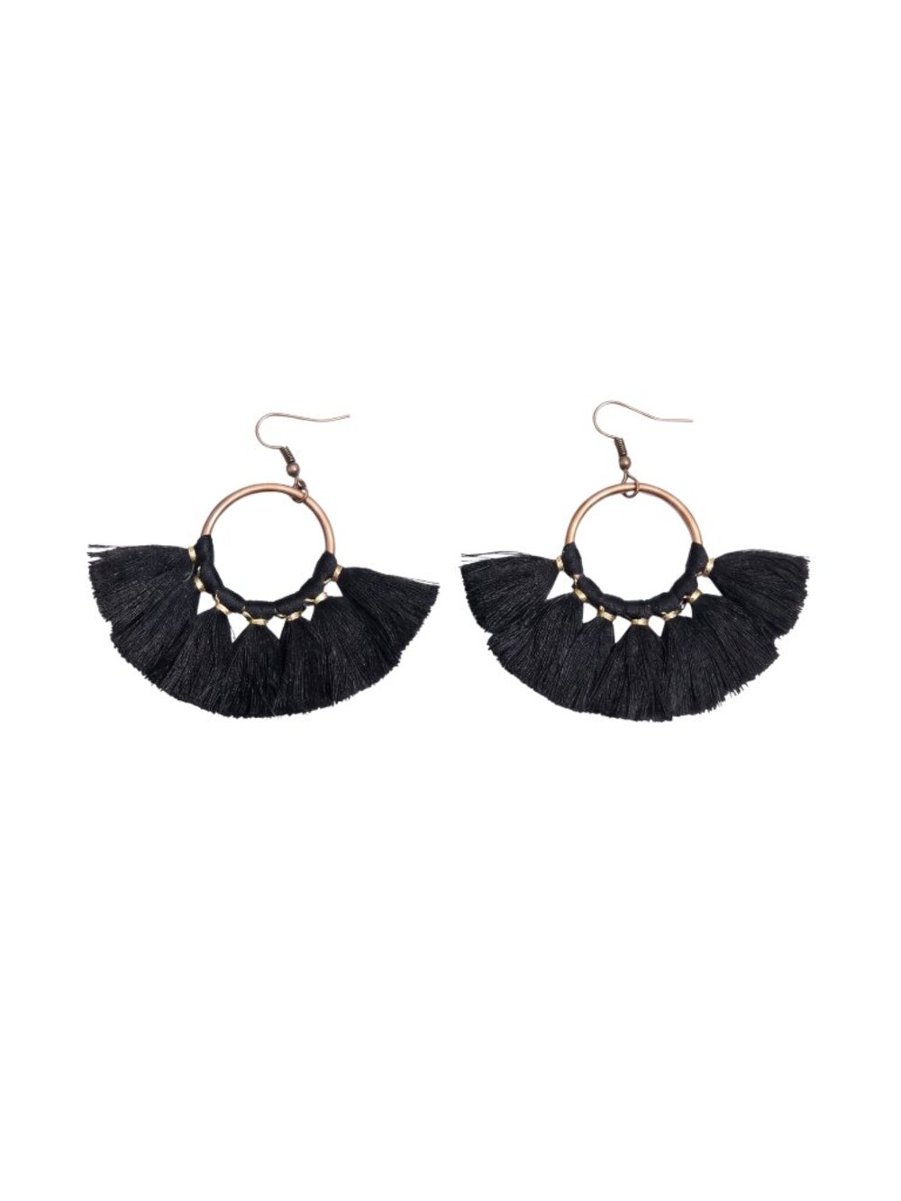 3/$20 NIP | Black Silk Tassel Fan Statement Hoop Earrings Gold Tone Boho